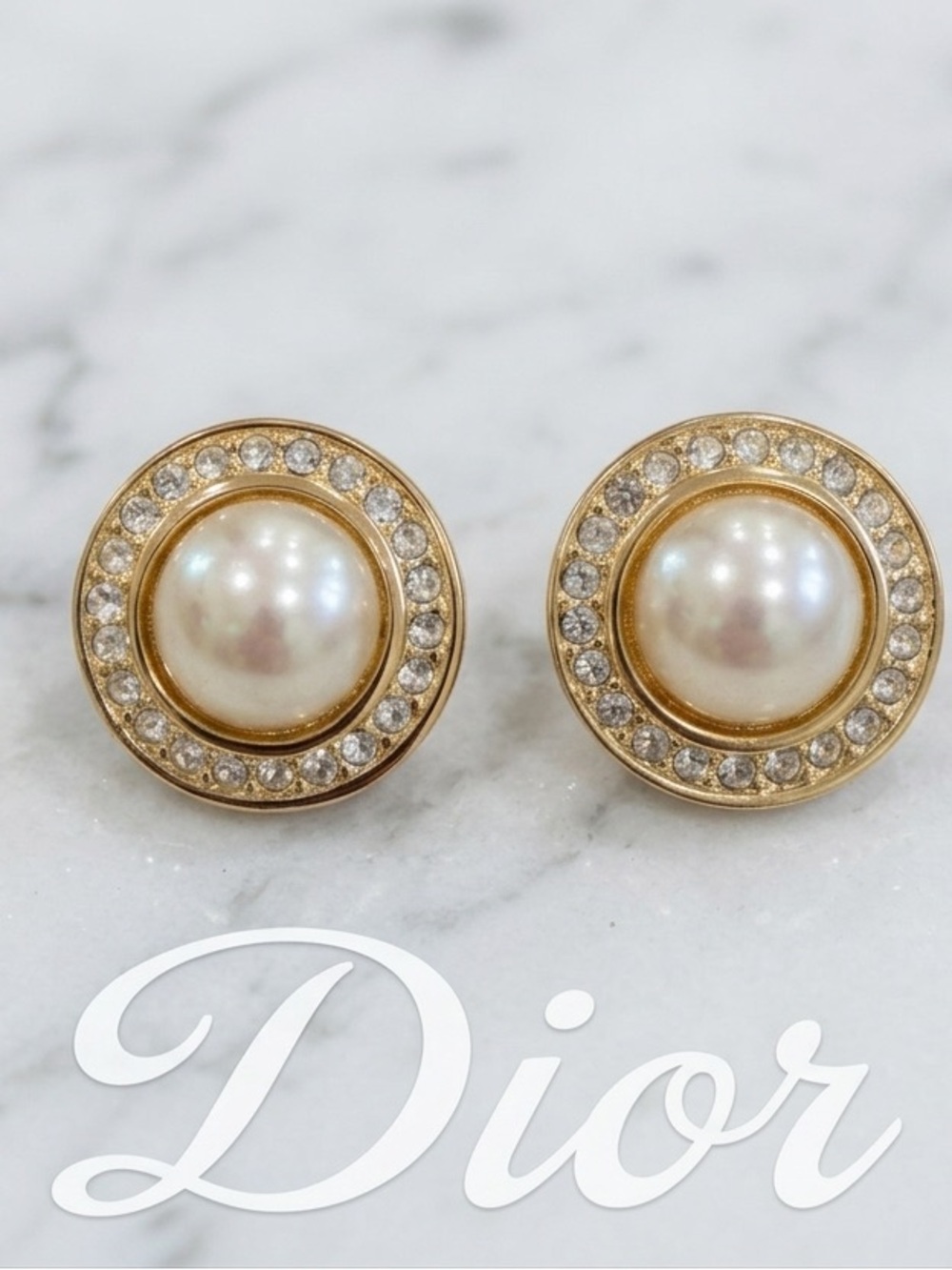 Dior Gold-Tone Faux Pearl Earrings with‎ Crystal Surround